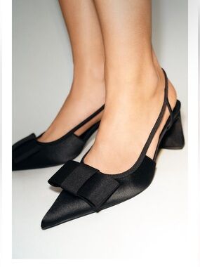 ZARA Black Pointed Bow Slingback Heels